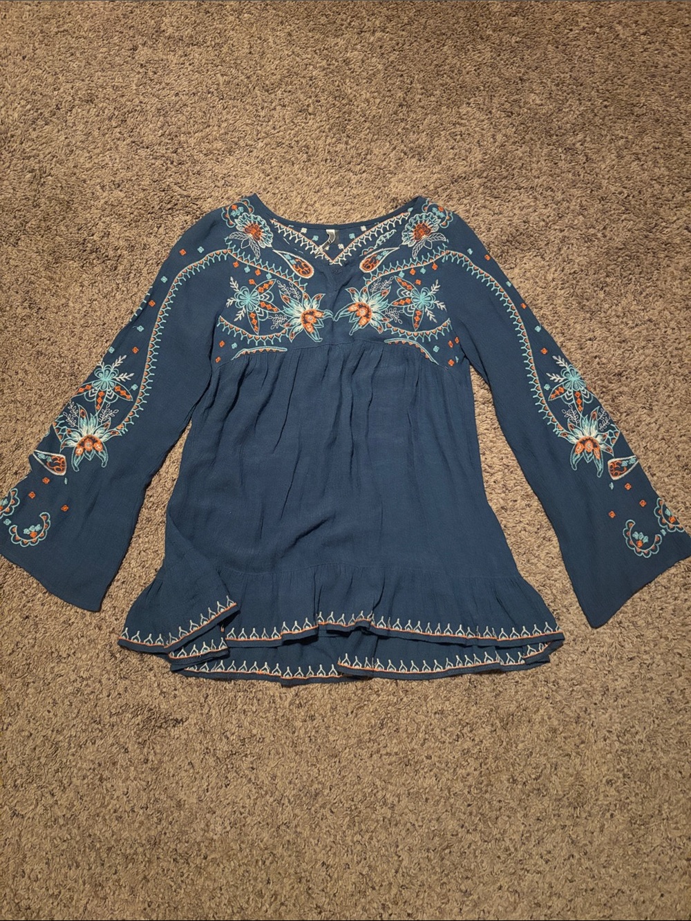 Monoreno Boho Blouse Blue Embroidered S